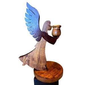Vintage? Hand Carved Wood Hand Painted Rotary Angel Praying Candle Holder 11' H.